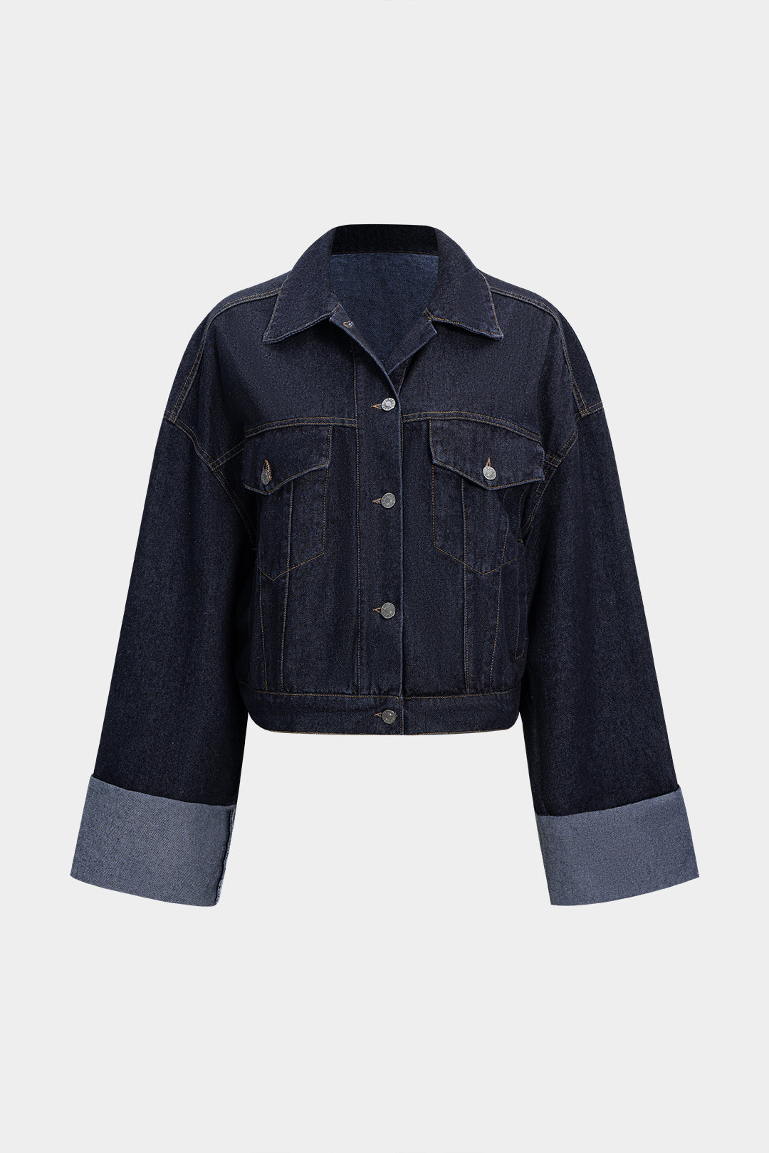 Jeanne blue oversized denim jacket laid flat, front
