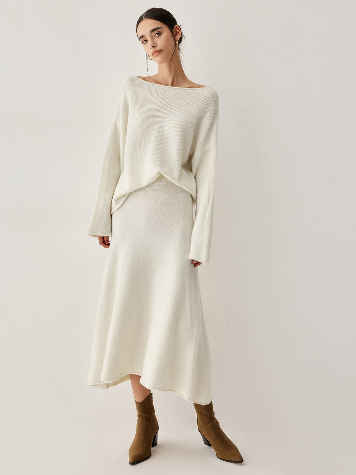 Jehanne cream boat-neck sweater and flared midi skirt set, full-length front view