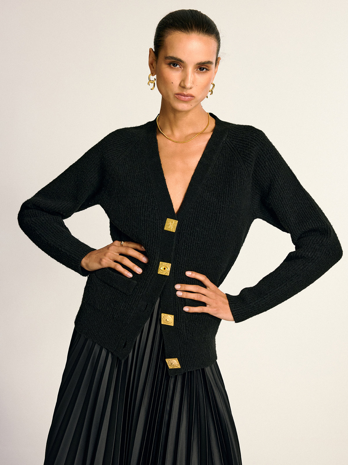 Judith black gold-button wool-blend cardigan, front view