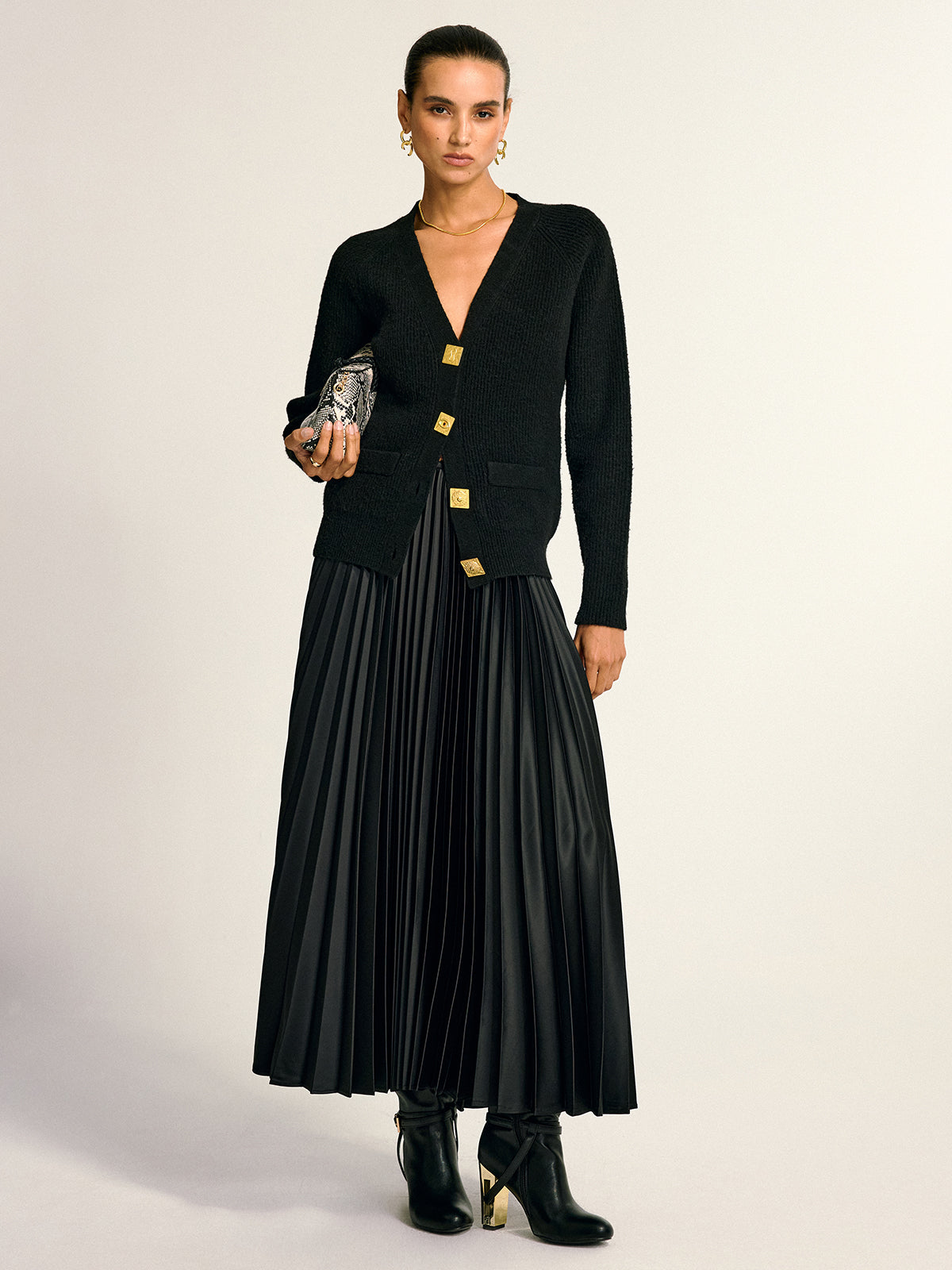 Judith black gold-button wool-blend cardigan, side view