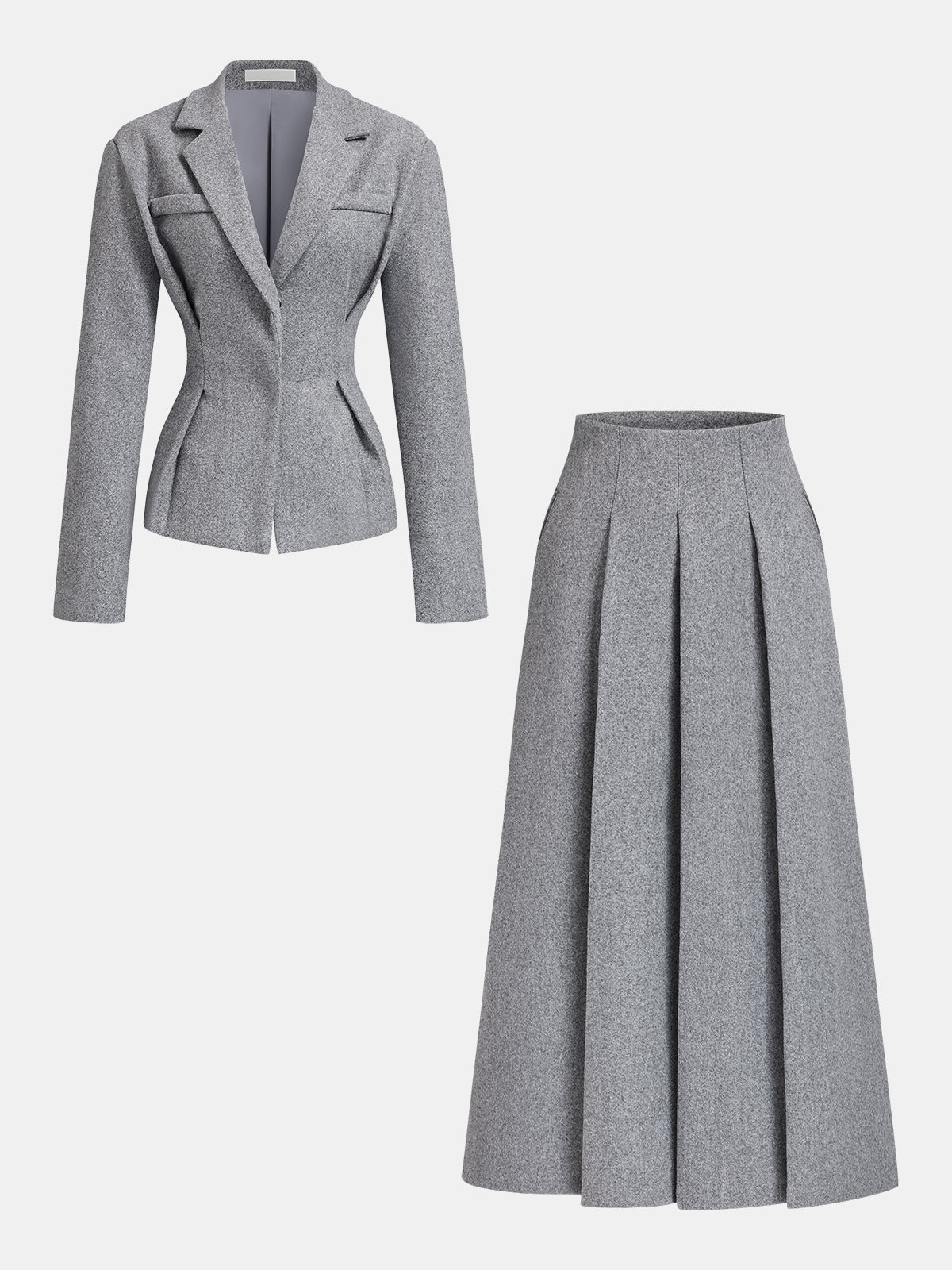 Justine gray blazer and pleated midi skirt set, both pieces laid flat