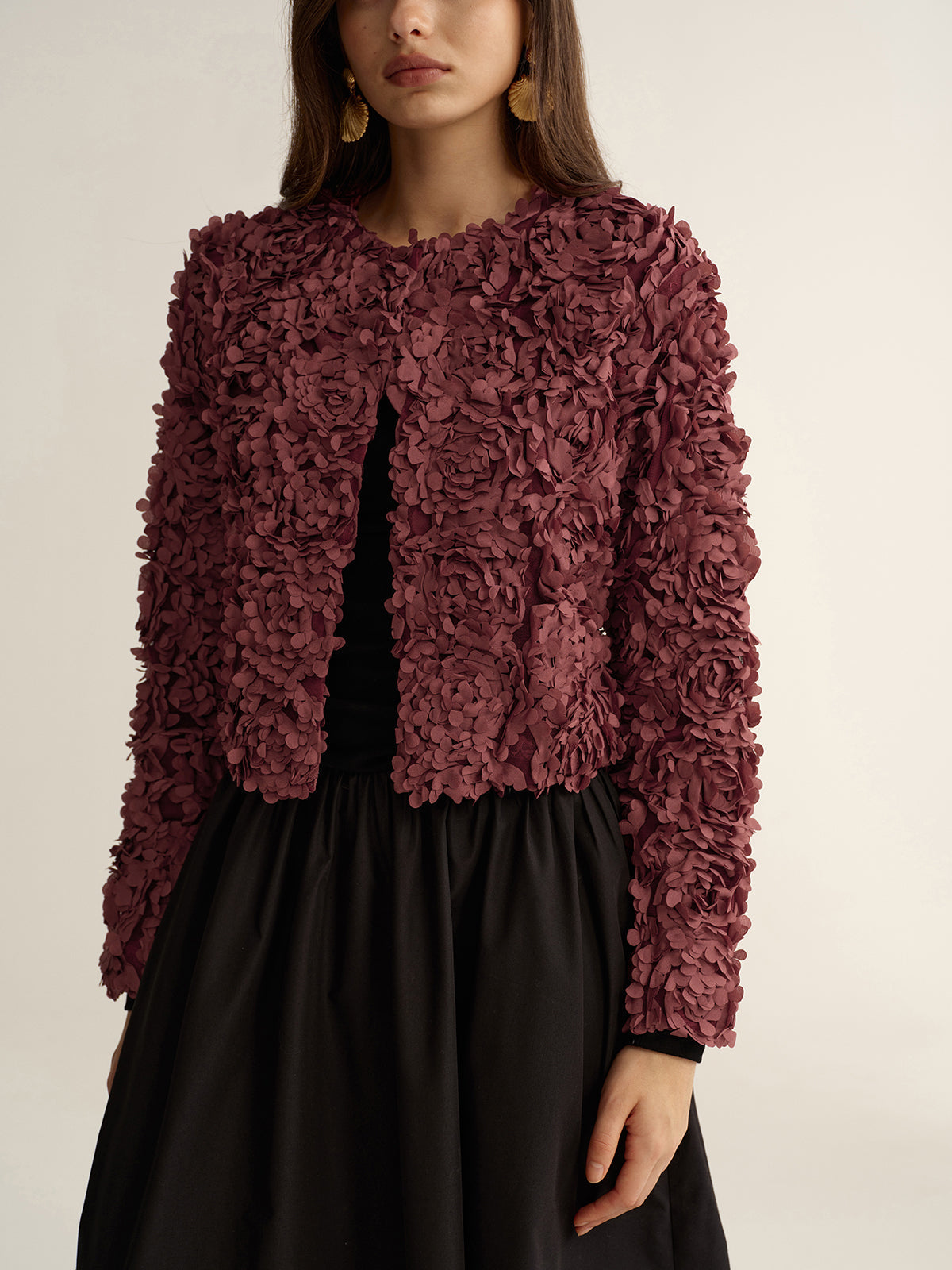 Katia Rosewood floral applique cropped jacket worn open, close-up of the front edges and scalloped hem