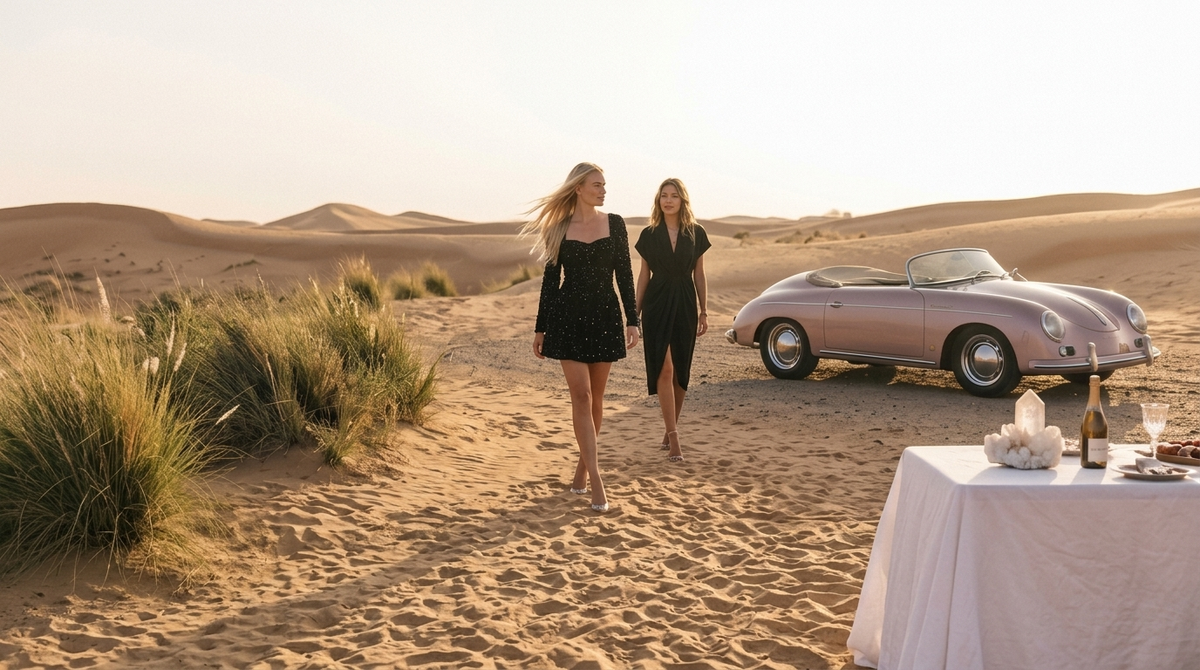 Two women in black dresses beside a set table in the dunes at sunset