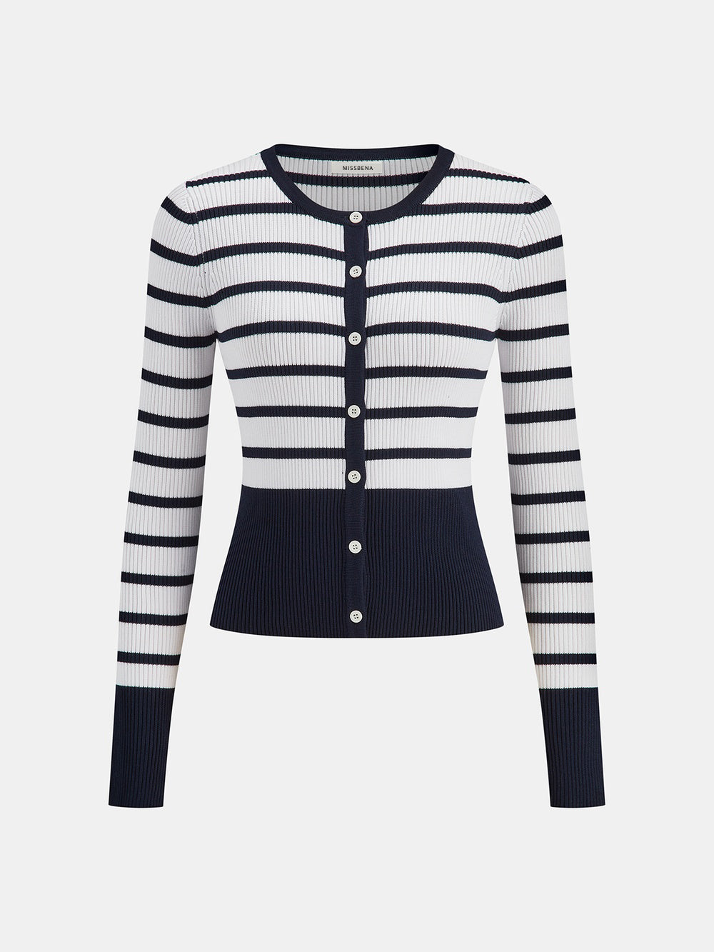 Laurette white and navy striped button cardigan, front view