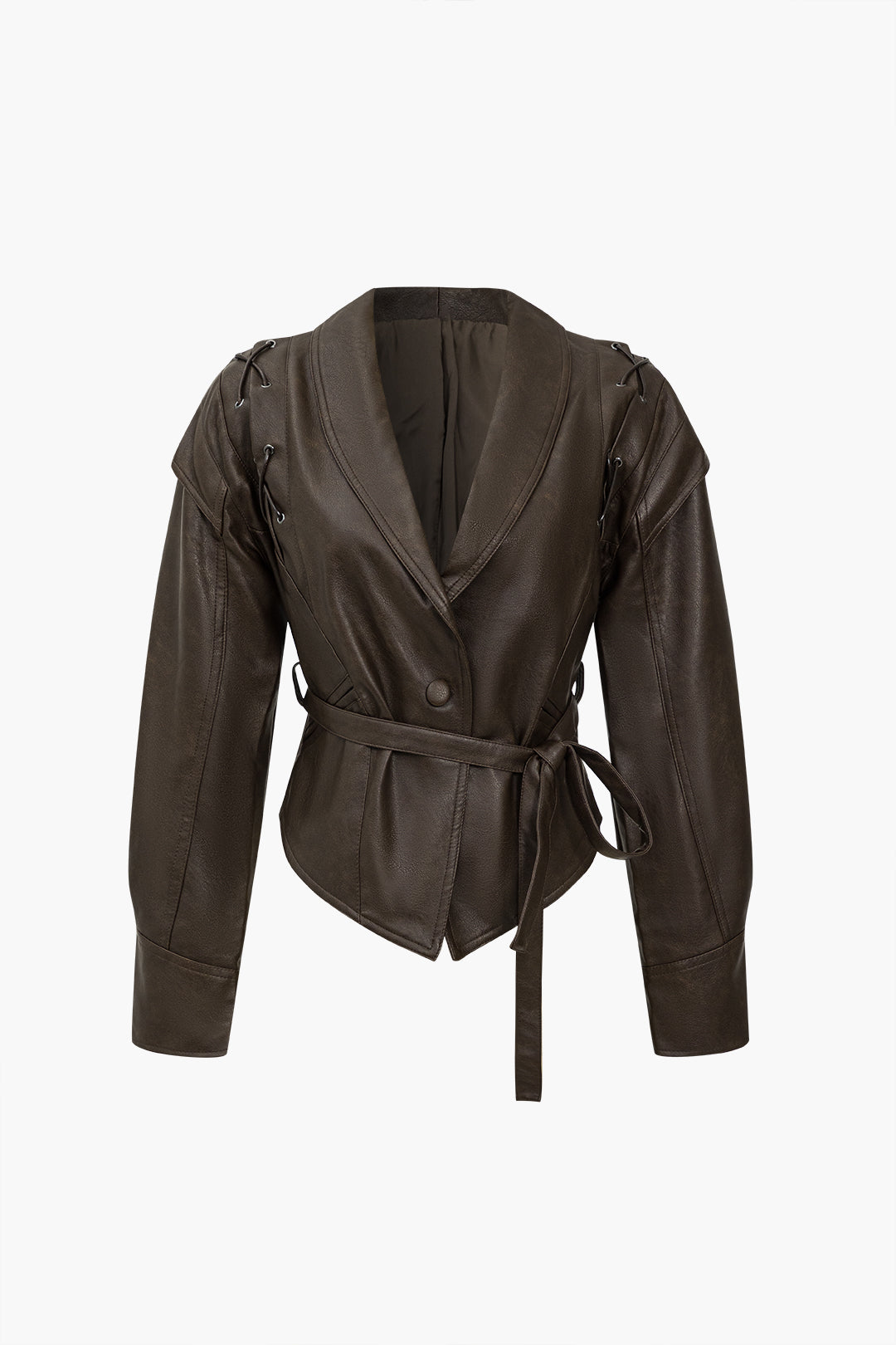 Lea Chocolate belted jacket, front view with the shawl collar laid flat