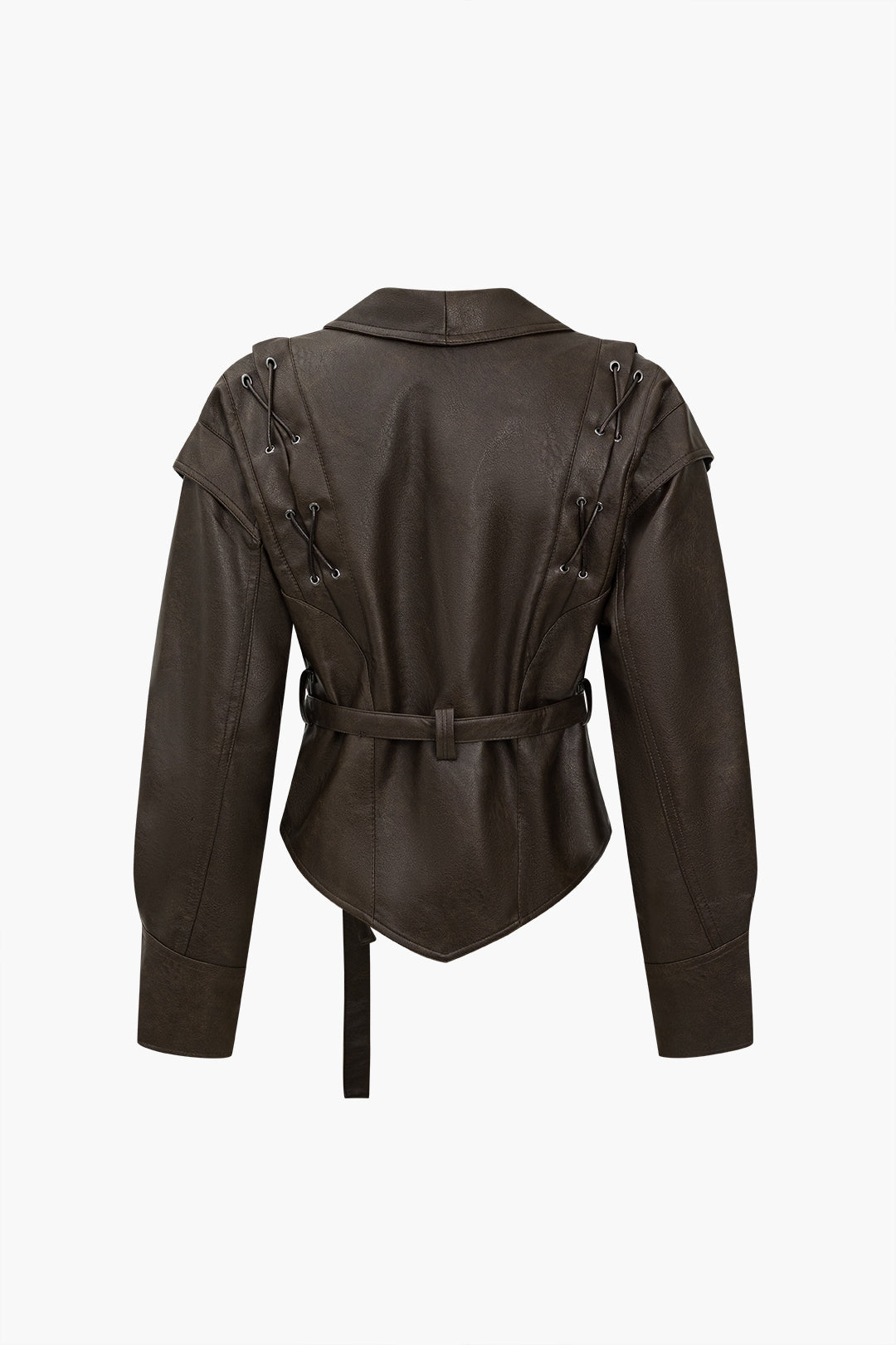Lea Chocolate belted jacket, back view showing the pointed hem and shoulder lacing