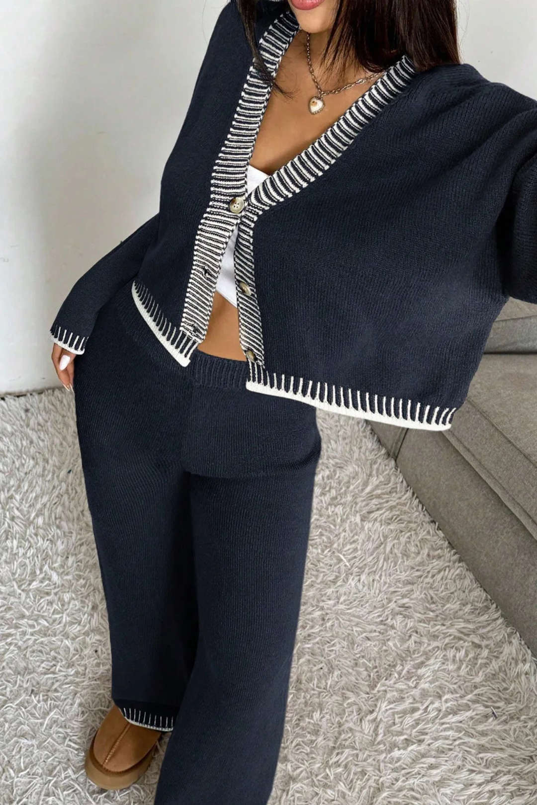 Leocadie navy cardigan and wide-leg trouser set, front view