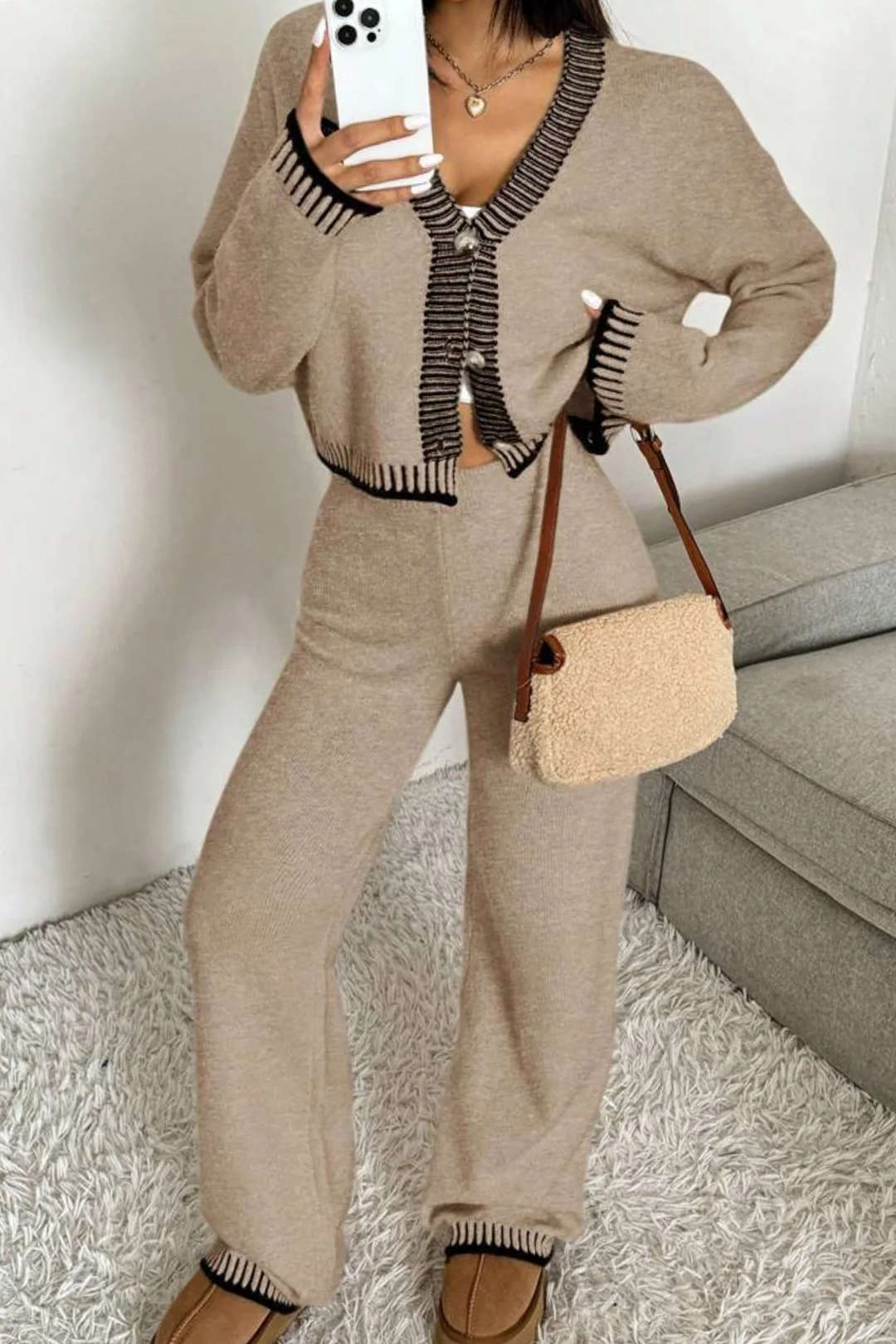 Leocadie beige knit set worn with the cardigan open