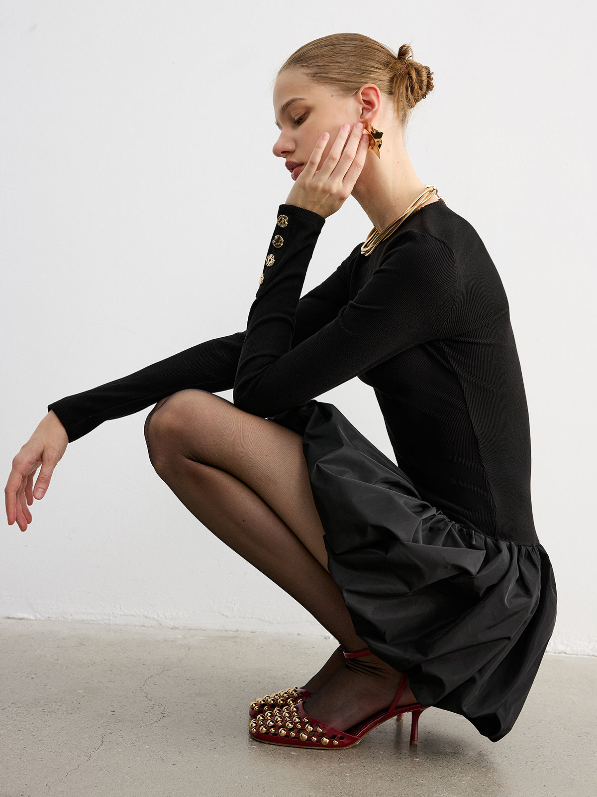 Leonie long-sleeve mini dress button cuff close-up