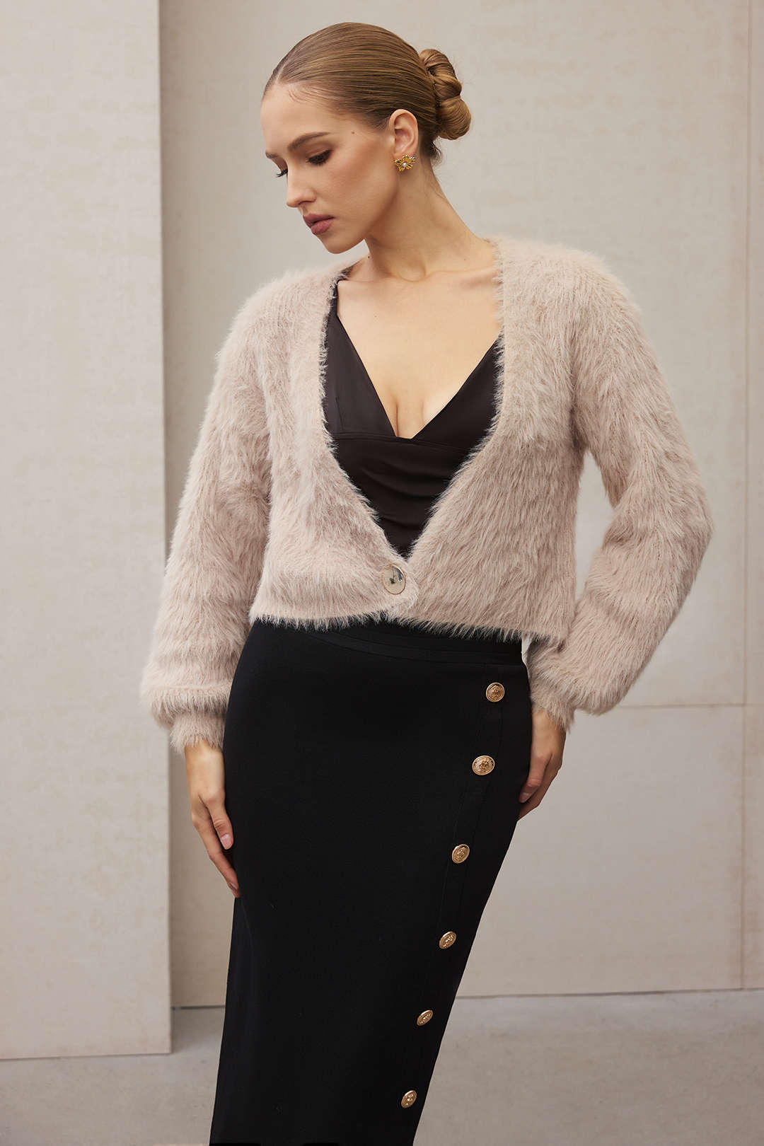 Liliane beige eyelash-knit cropped cardigan, three-quarter front view