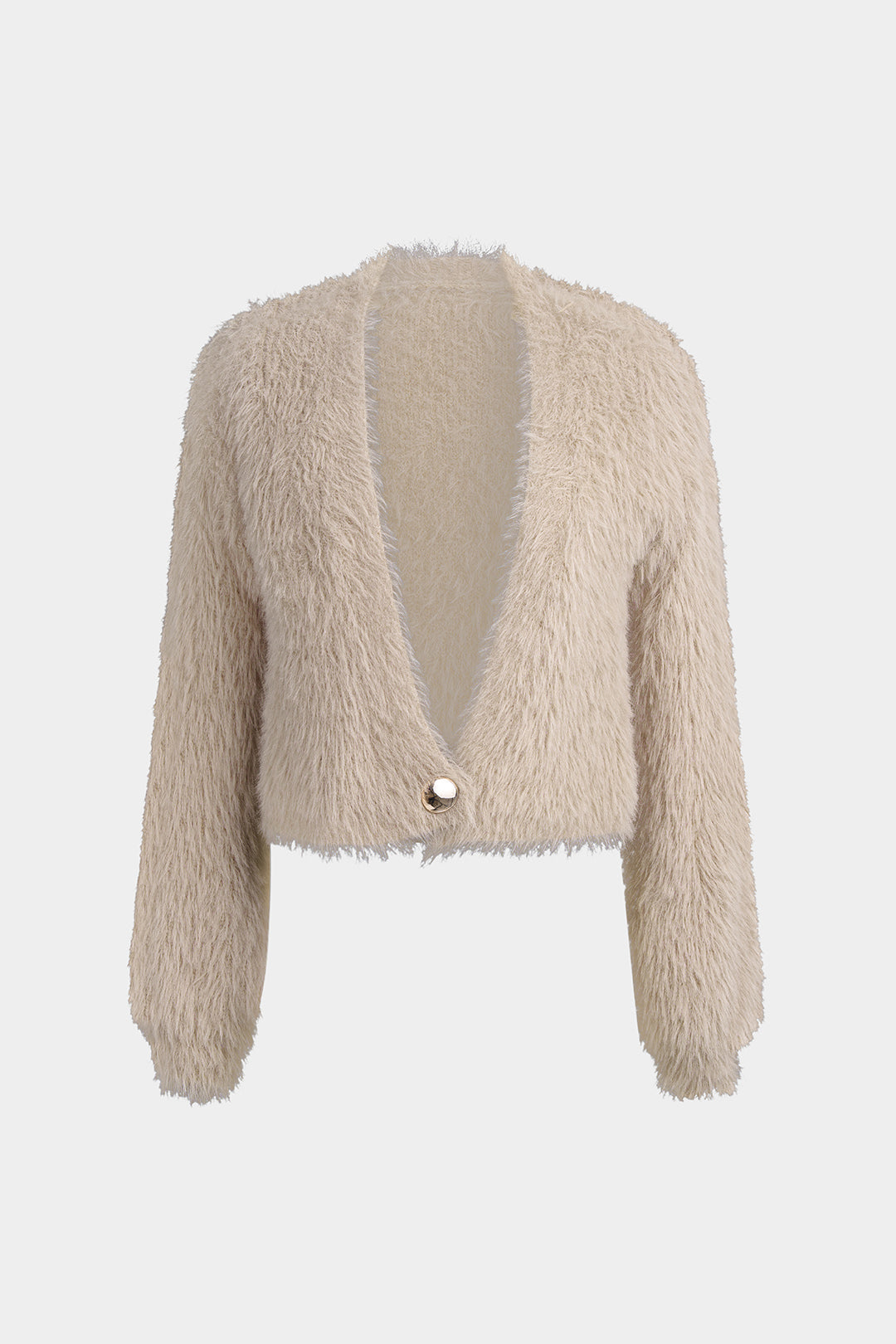 Liliane beige eyelash-knit cropped cardigan laid flat, front