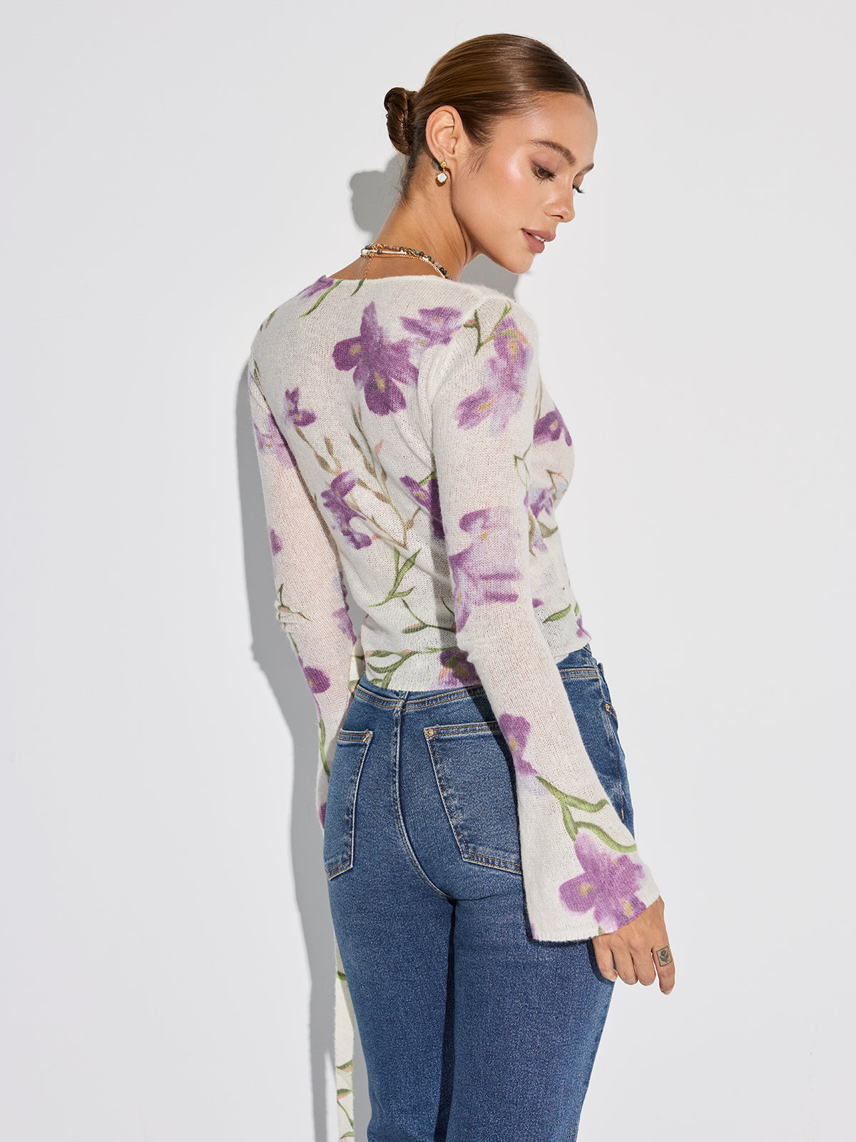 Lisette floral tie blouse styled on model
