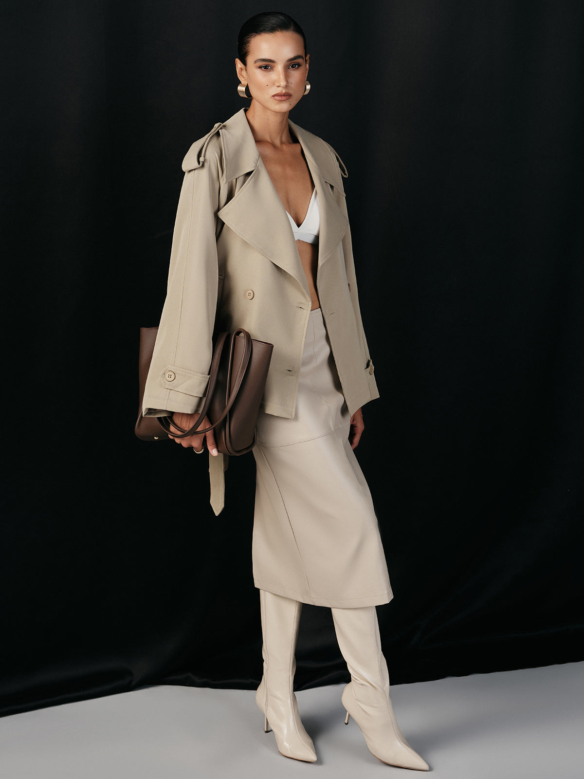 Khaki cropped trench jacket styled with matching trousers, full-length view