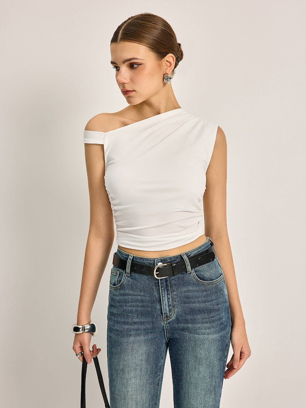 Lucienne white ribbed off-shoulder top, close front view