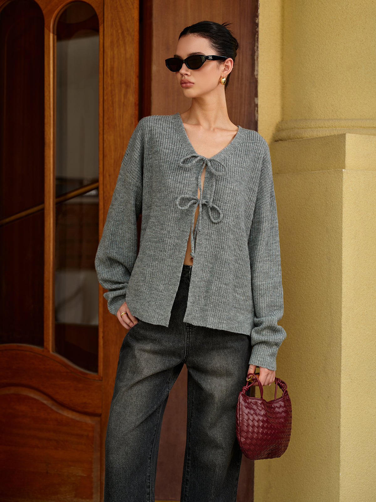 Ludivine gray tie-front ribbed cardigan, full front view