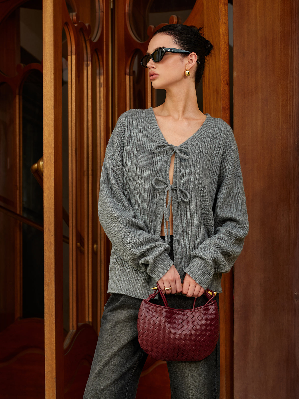 Ludivine gray tie-front ribbed cardigan, three-quarter front view