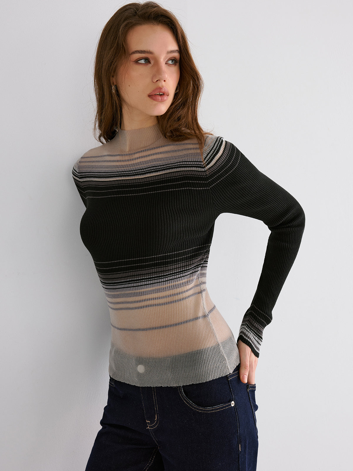 Lydie multicolor sheer ribbed knit top, close front view of the striped gradient