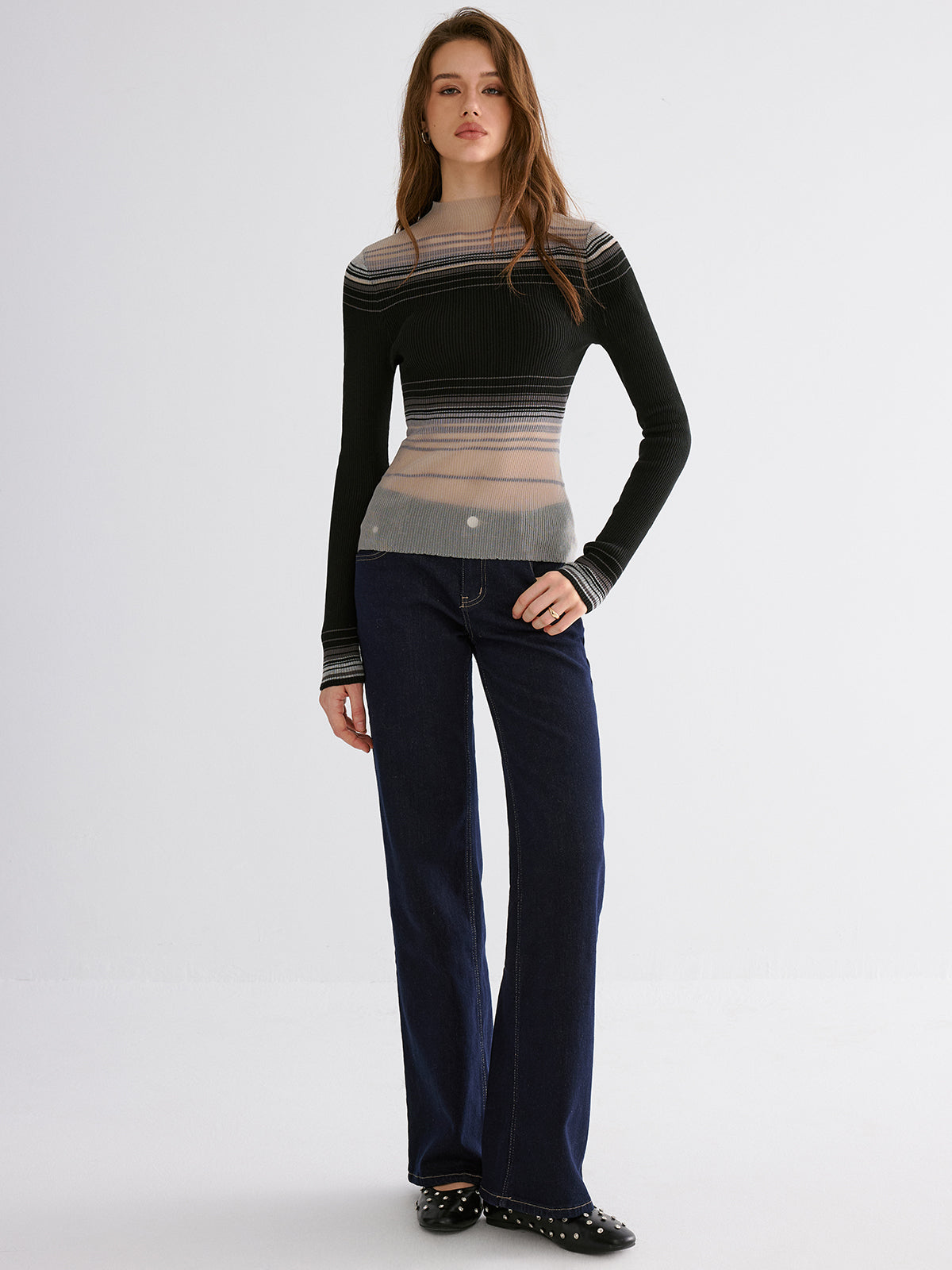 Lydie multicolor sheer ribbed knit top, styled full-length front view