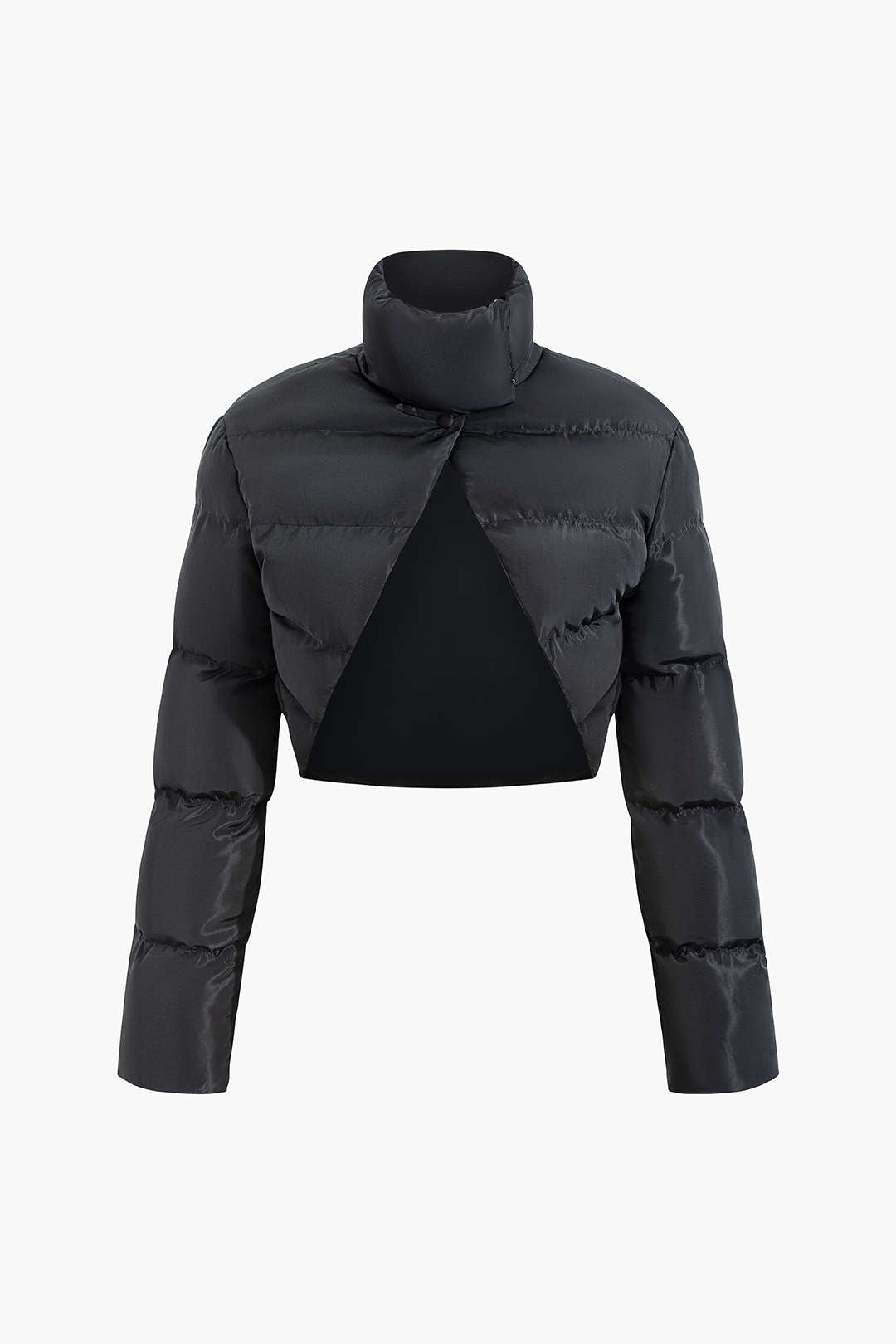 Maelle black quilted high-neck jacket laid flat, front