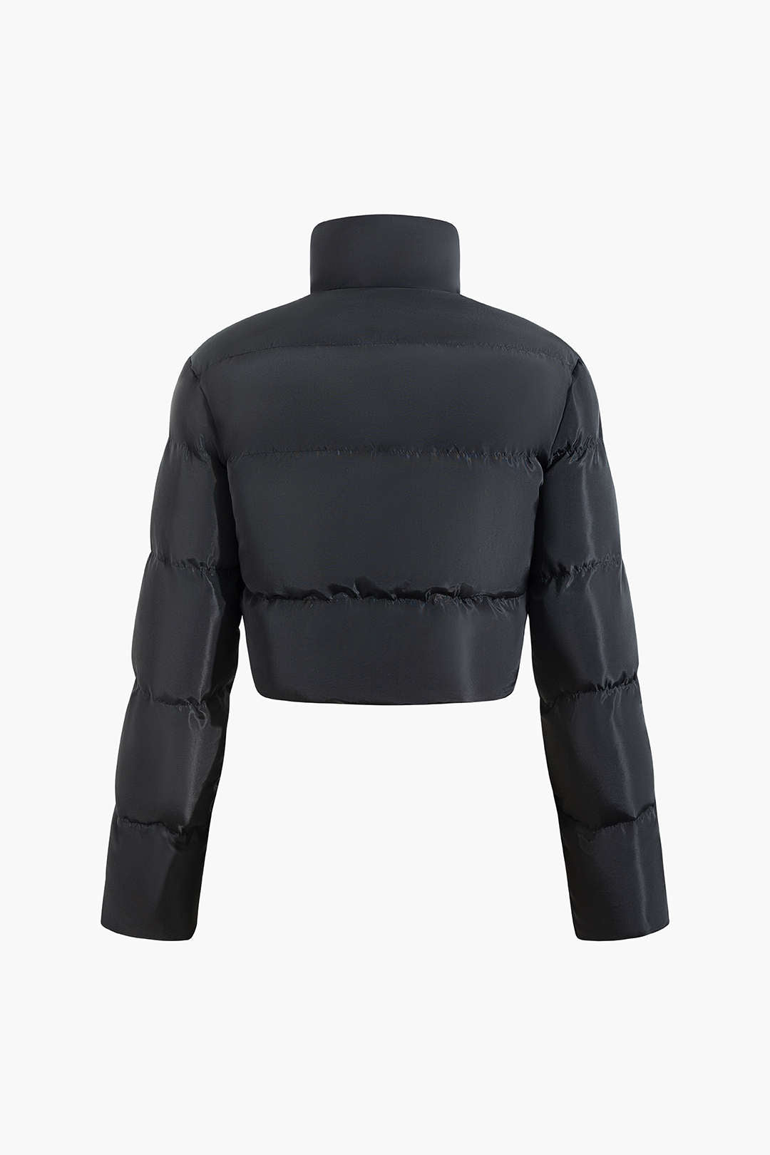Maelle black quilted high-neck jacket laid flat, back