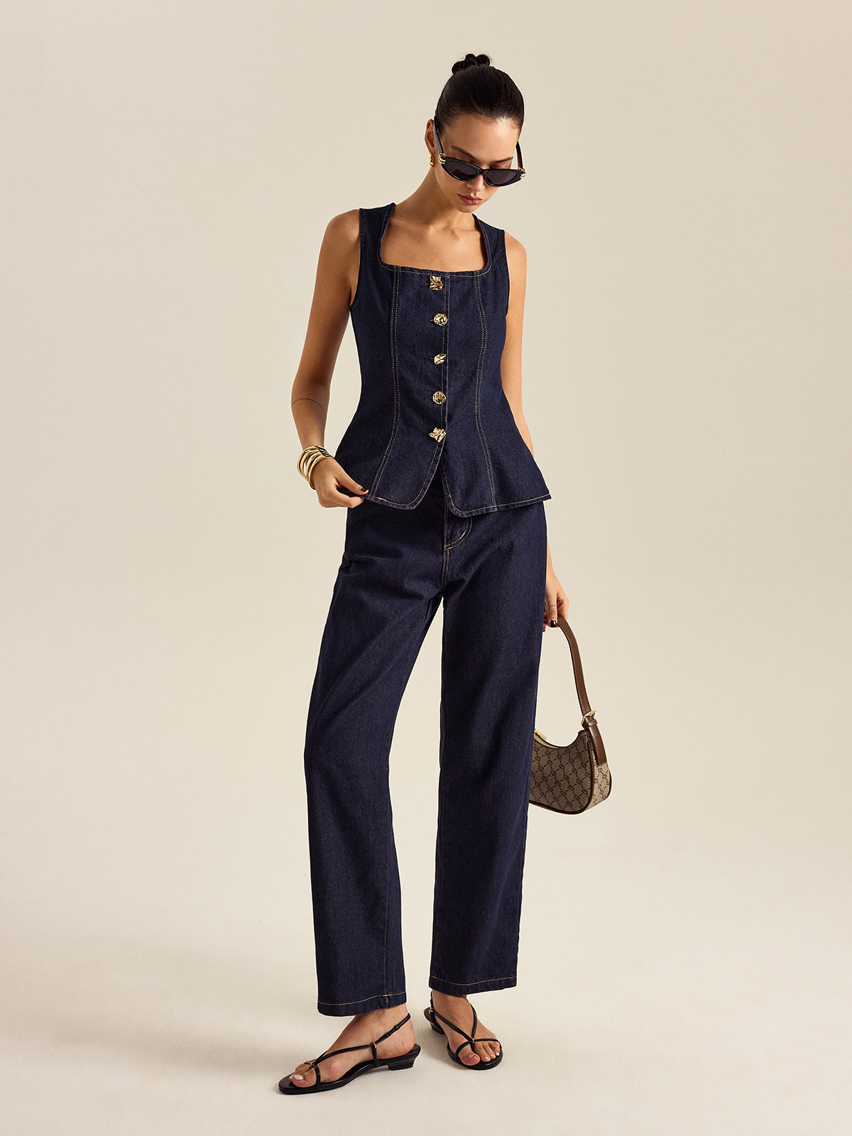Mahaut indigo denim peplum top and trouser set, front view