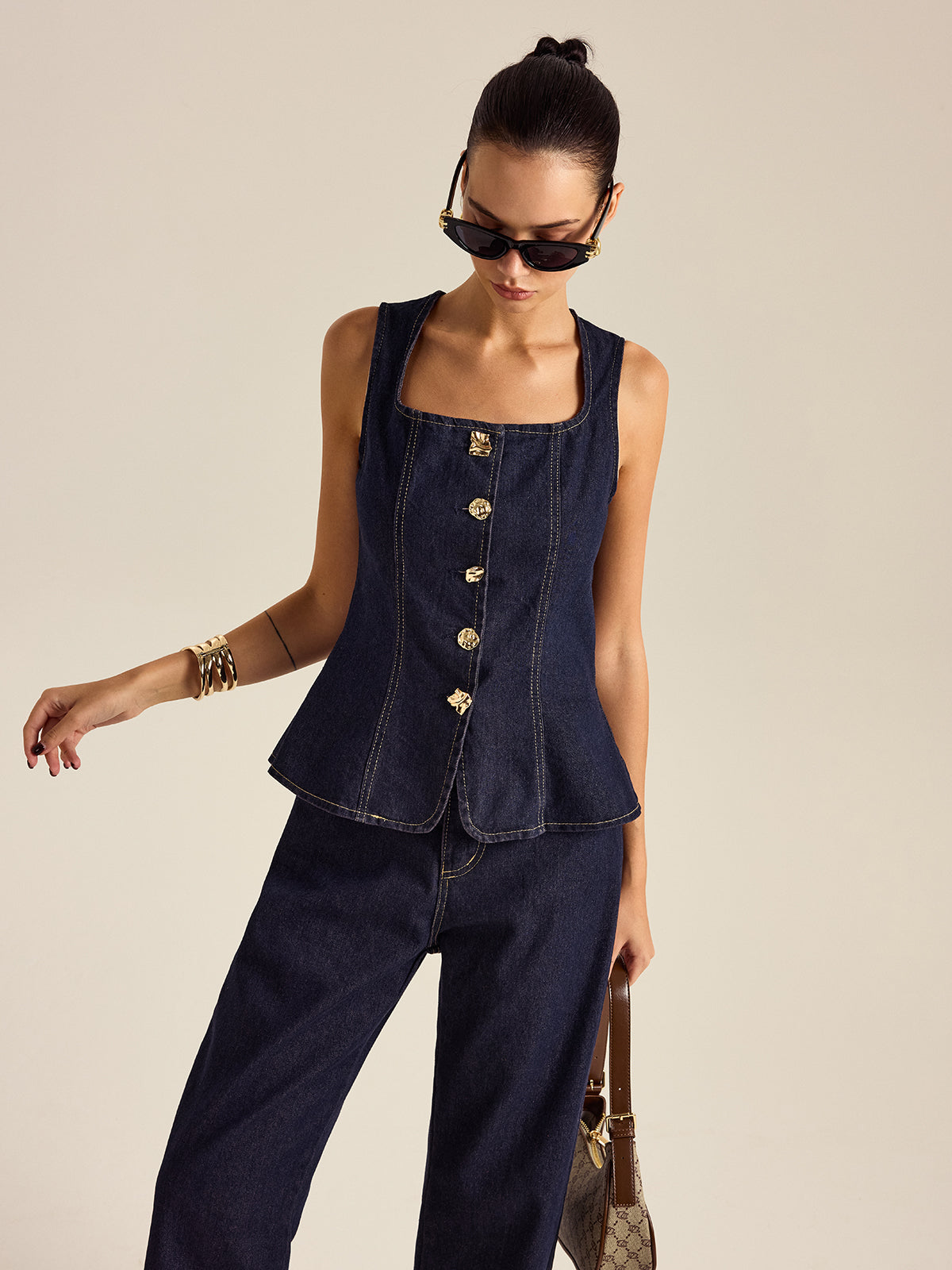 Mahaut indigo denim peplum top, square neckline and button front