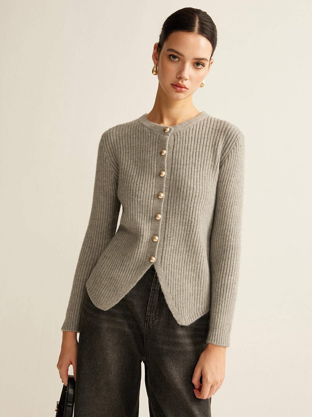 Margot gray ribbed button cardigan, front view