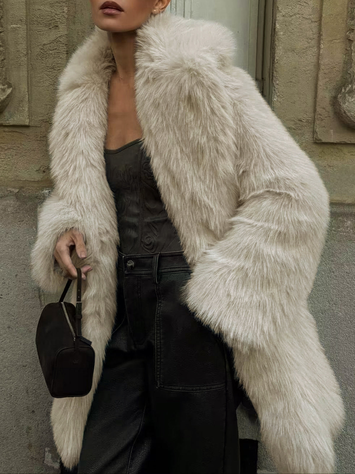 Marianne cream oversized faux fur coat, front view