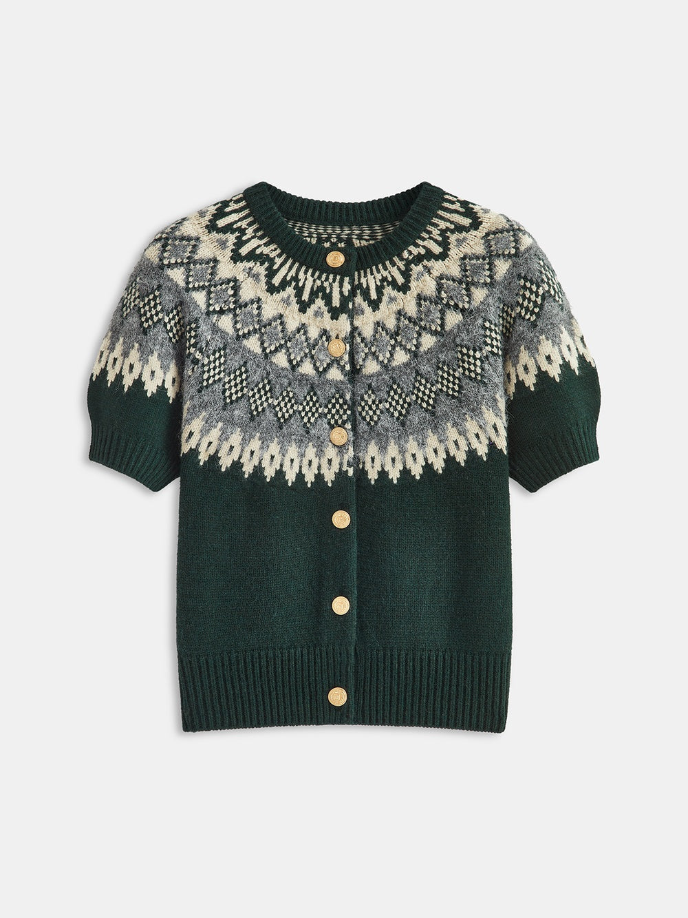 Marinette forest green Fair Isle short-sleeve cardigan, front view