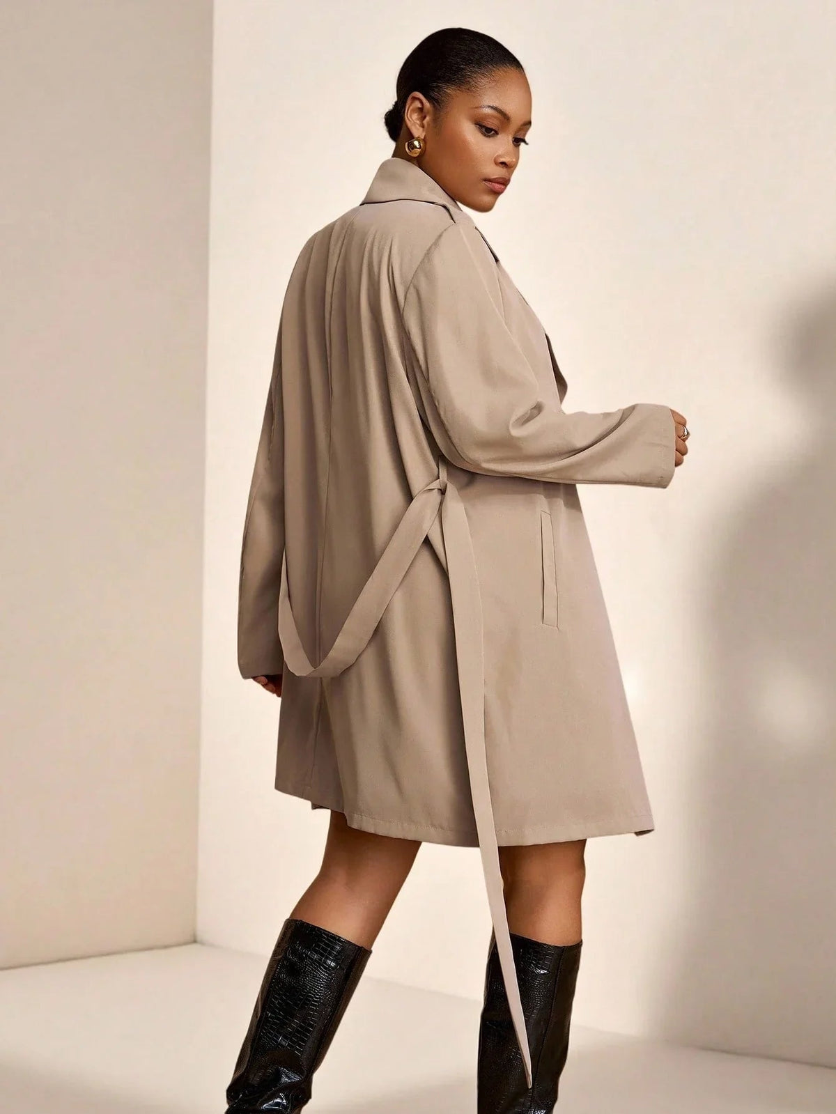 Mathilde khaki A-line trench coat, back view