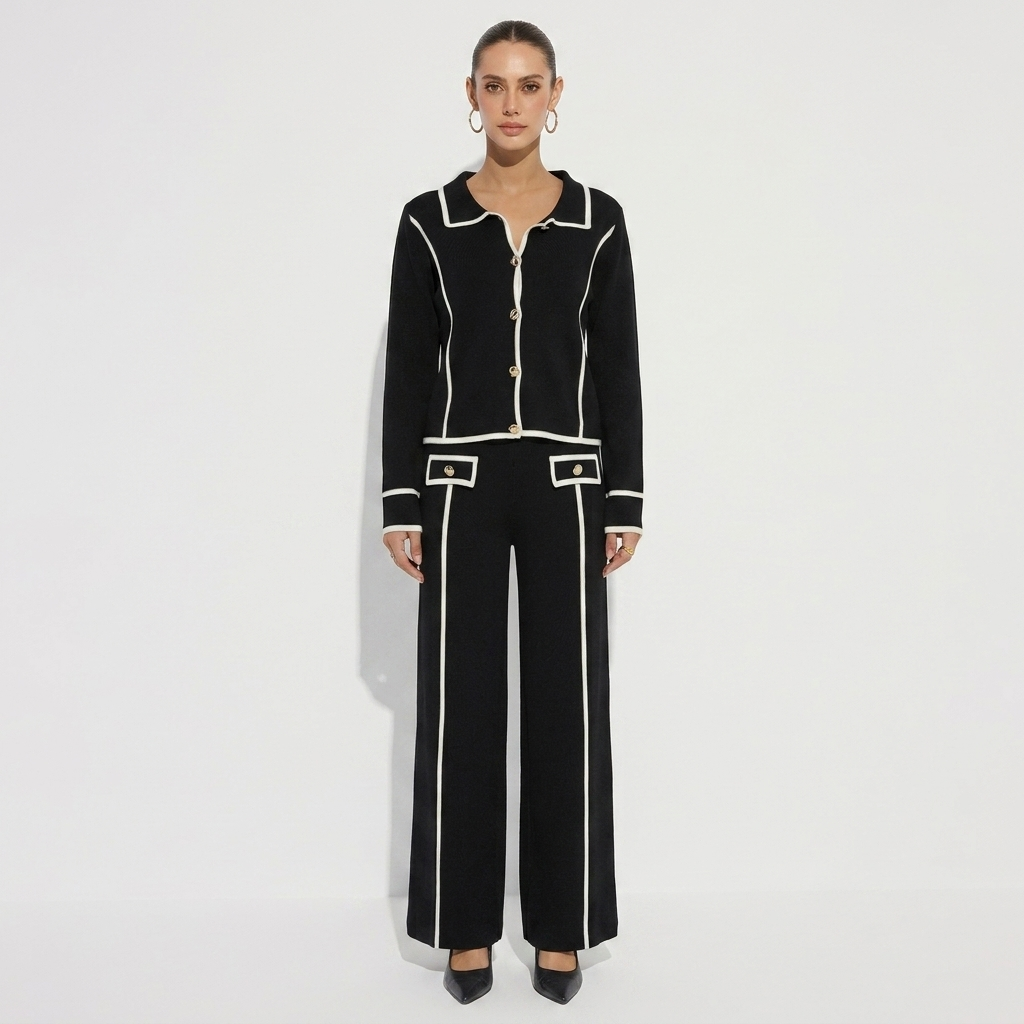 Maud black and cream piped knit two-piece set, front view