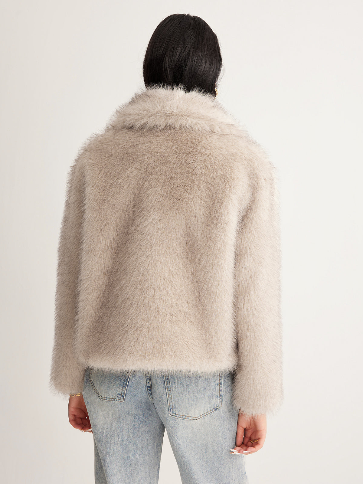 Micheline cream faux fur jacket back view showing the collar from behind and straight hem