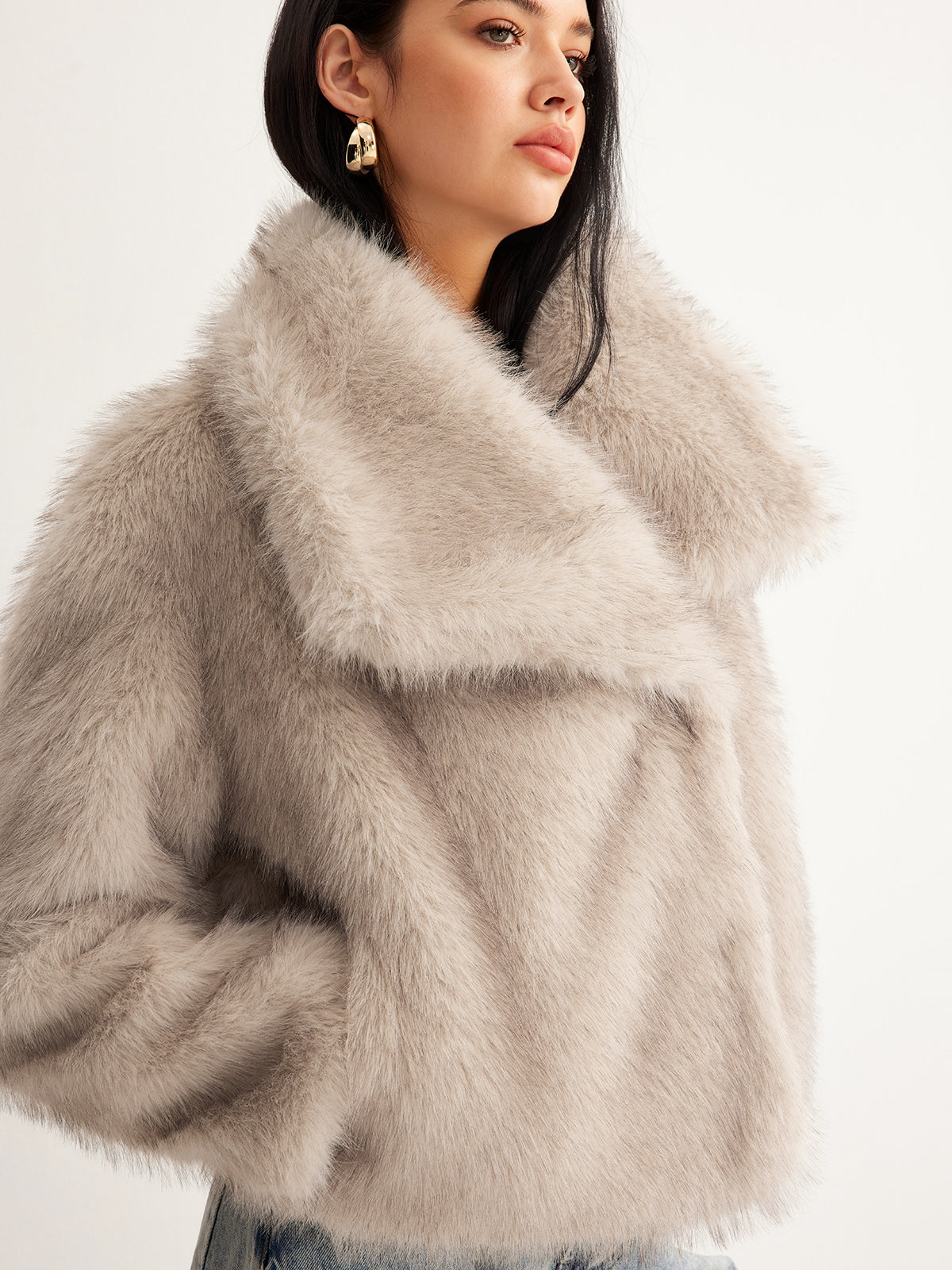 Micheline cream faux fur jacket cropped side angle, collar and sleeve texture from shoulder to hem