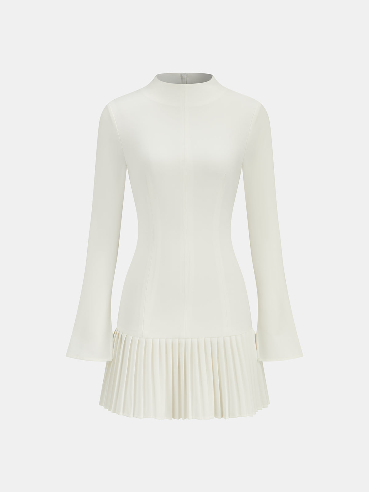 Milene white mock neck pleated mini dress on a mannequin form, front view
