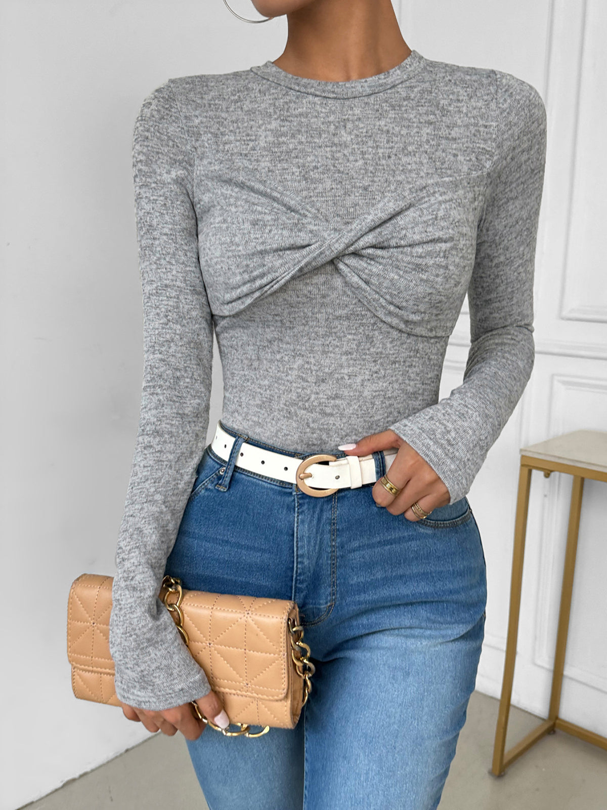 Monique gray twist front ribbed knit top, front view