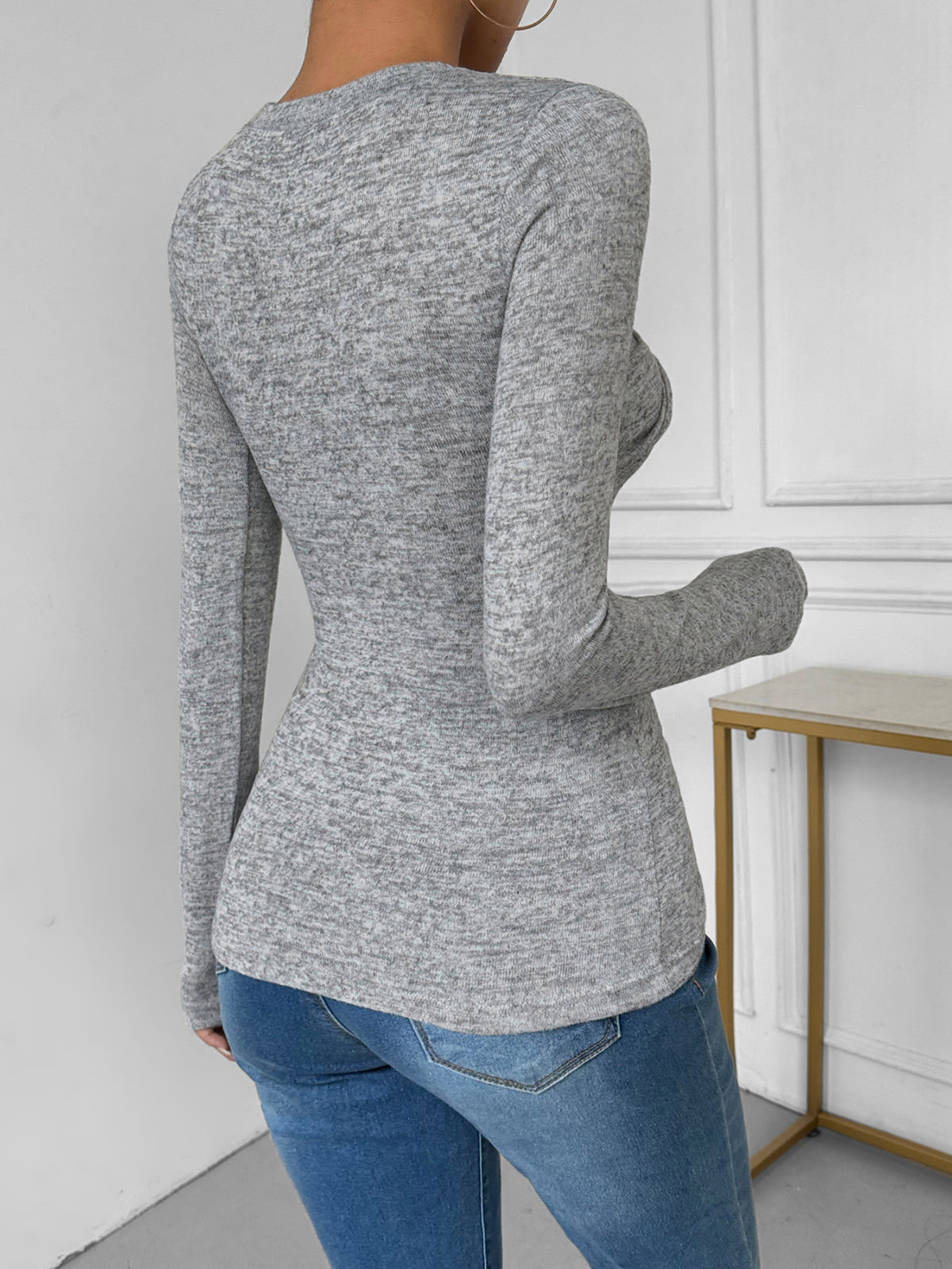 Monique gray twist front ribbed knit top, back view