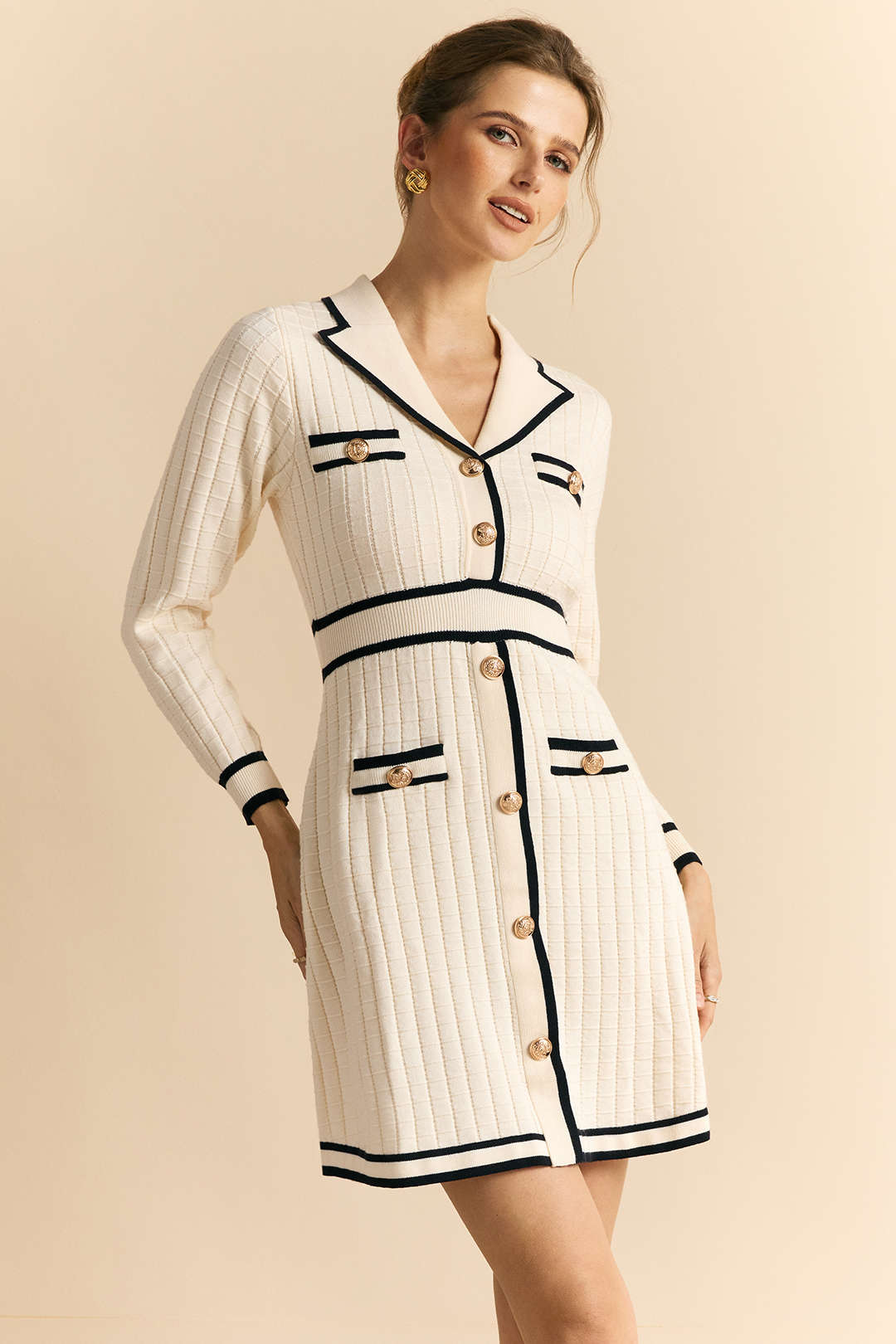 Myriam cream collared knit mini dress with navy trim, full-length front view