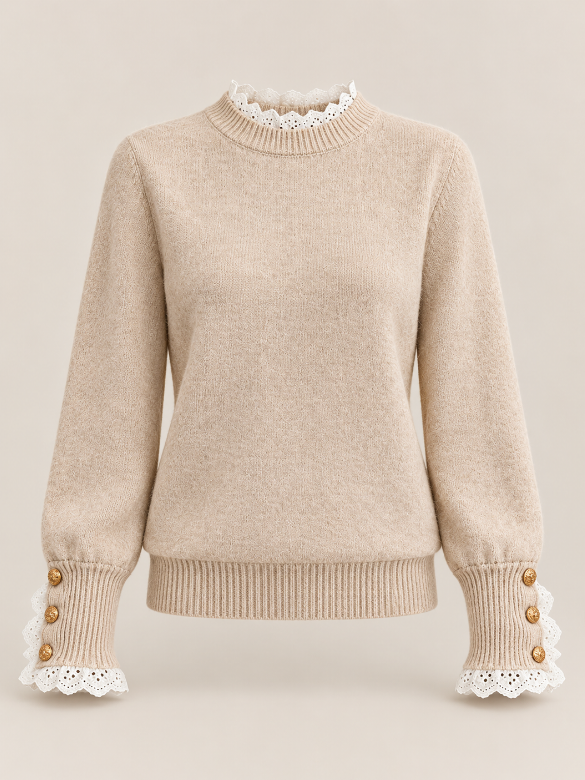 Nadine beige lace-trim knit sweater shown flat, front