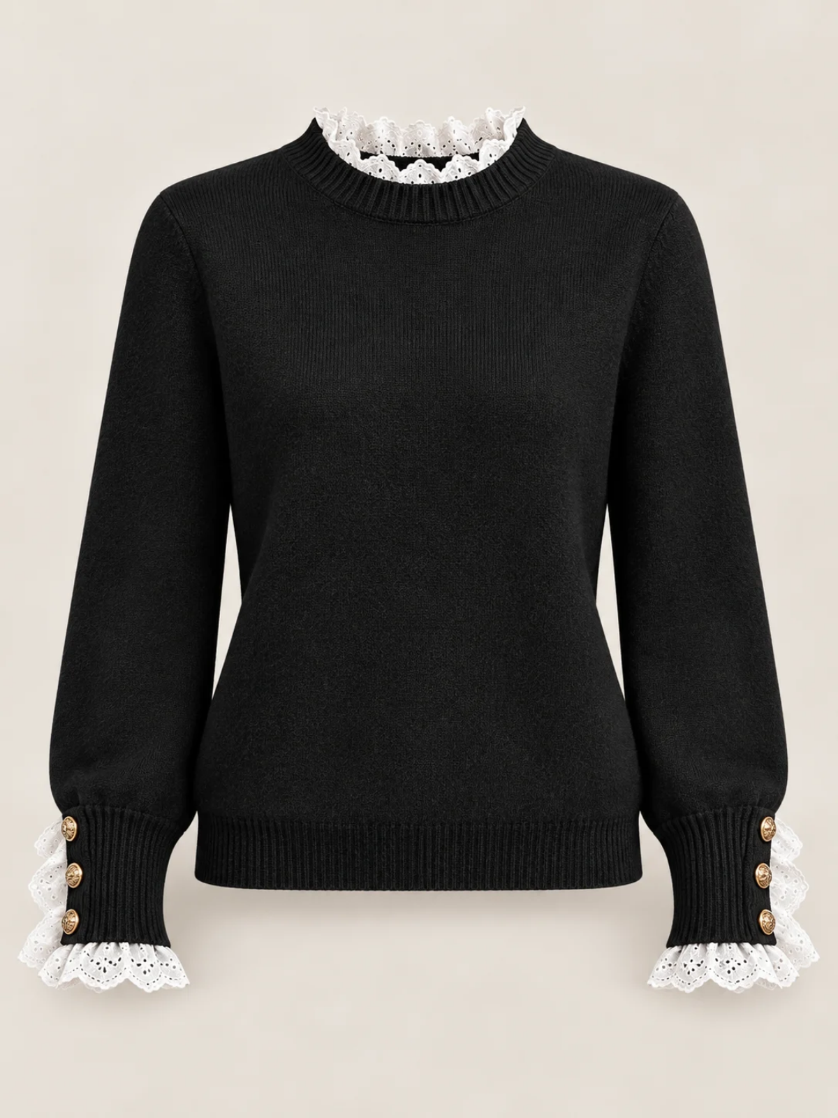 Nadine black lace-trim knit sweater shown flat, front