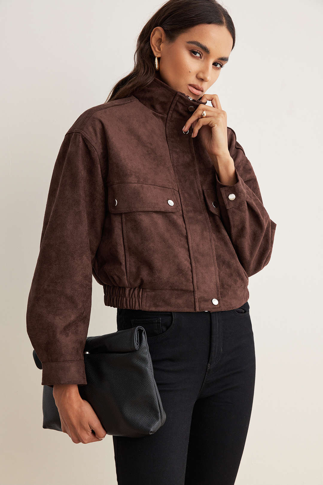 Nicole coffee high-collar pocket jacket, side view