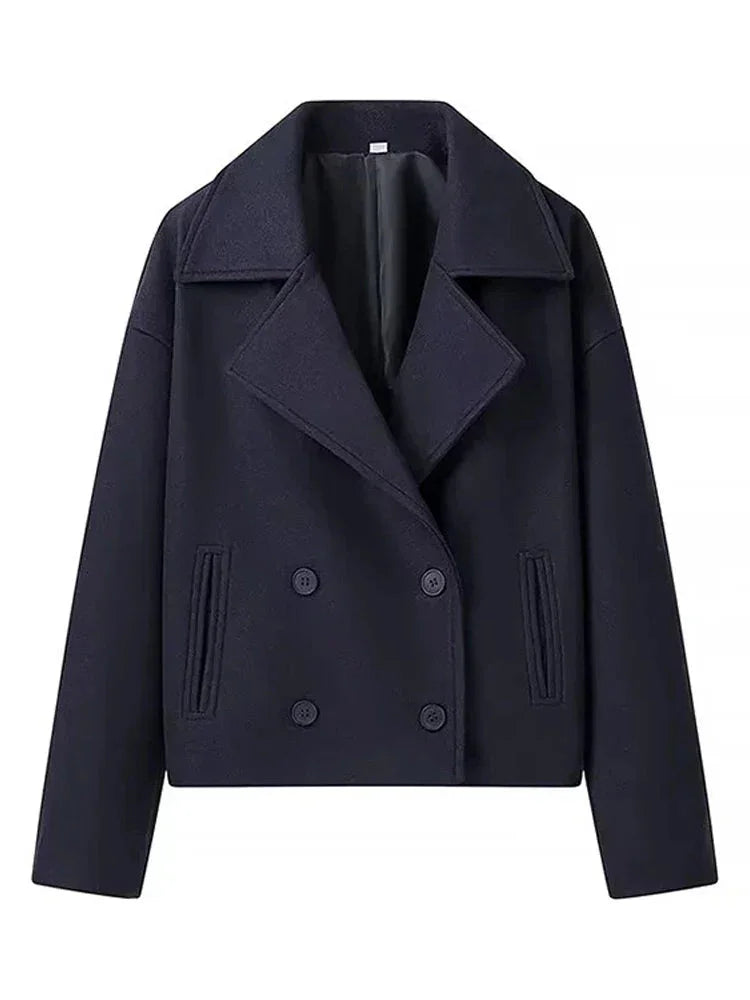 Odile navy double-breasted cropped peacoat, front view