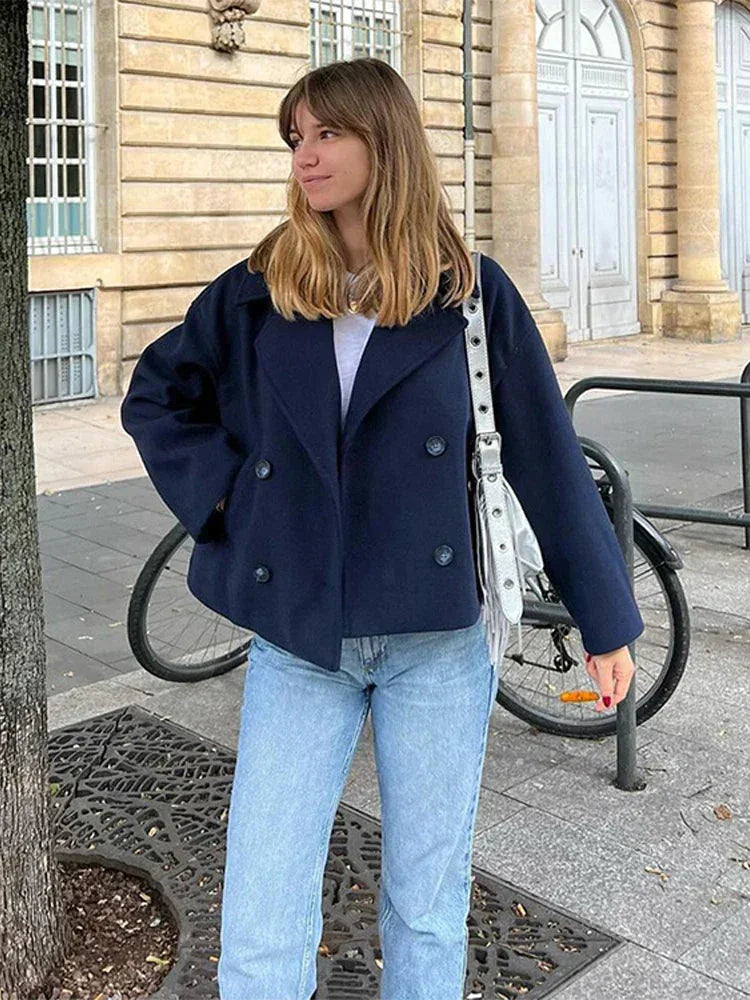 Odile navy cropped peacoat worn with jeans and a white tee