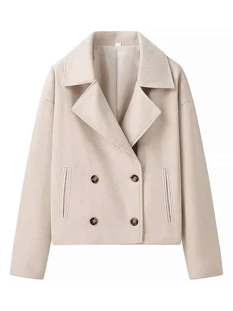 Odile cream double-breasted cropped peacoat, front view