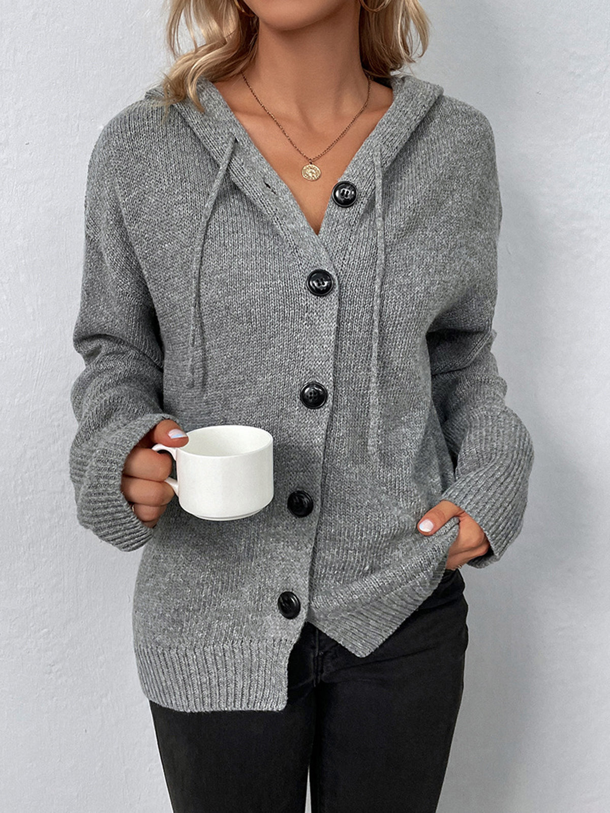 Paulette gray hooded button cardigan, front view