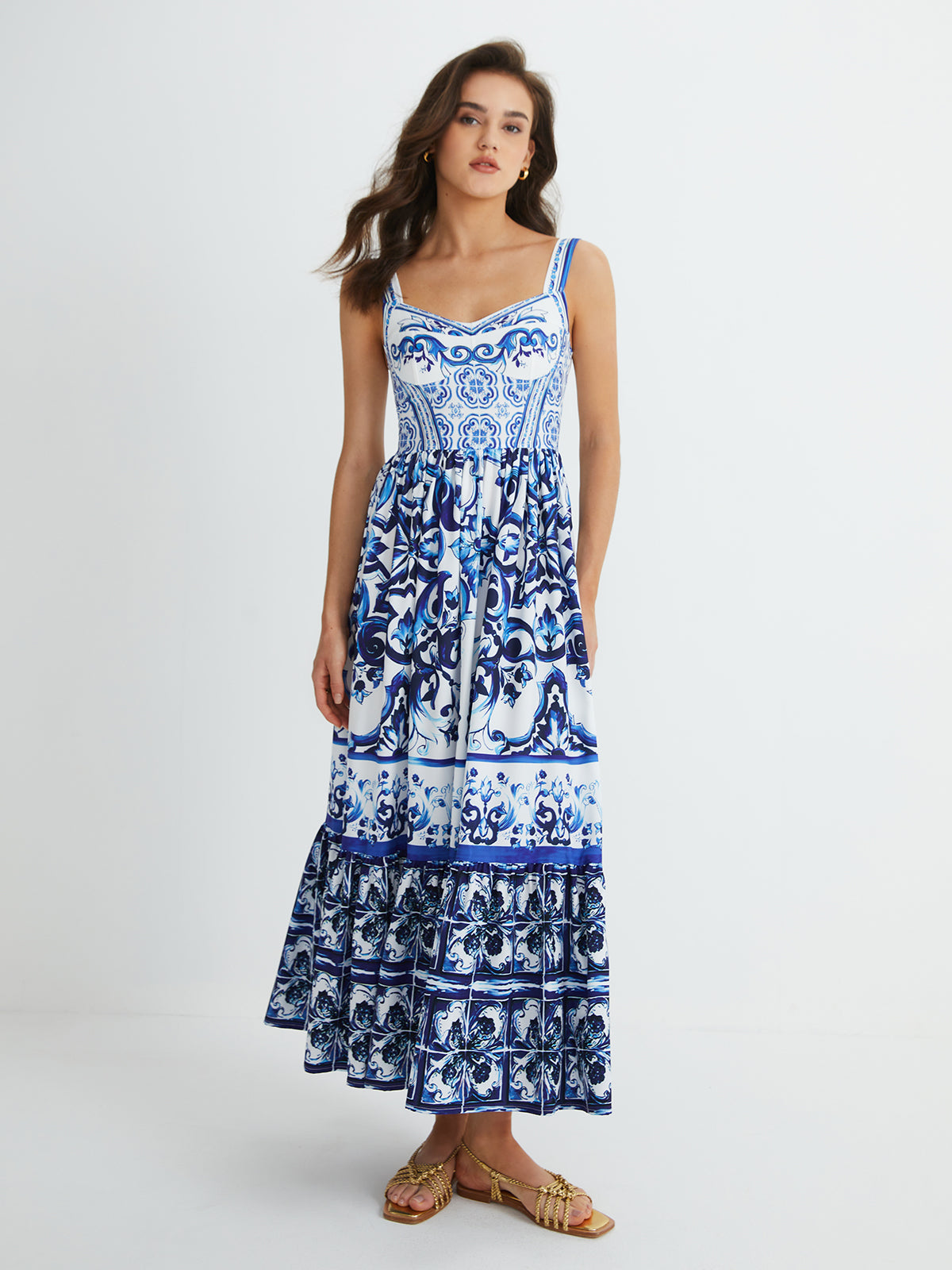 Penelope blue and white tile print maxi dress, full-length front view