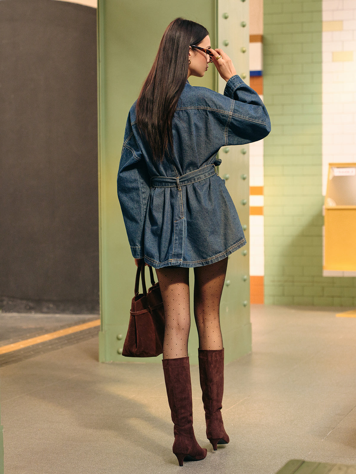 Prudence Blue belted denim shirt jacket, back view showing the belt carriers