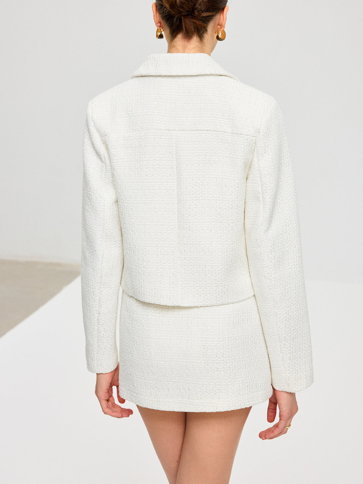 Quitterie white bouclé jacket and mini skirt set, back view