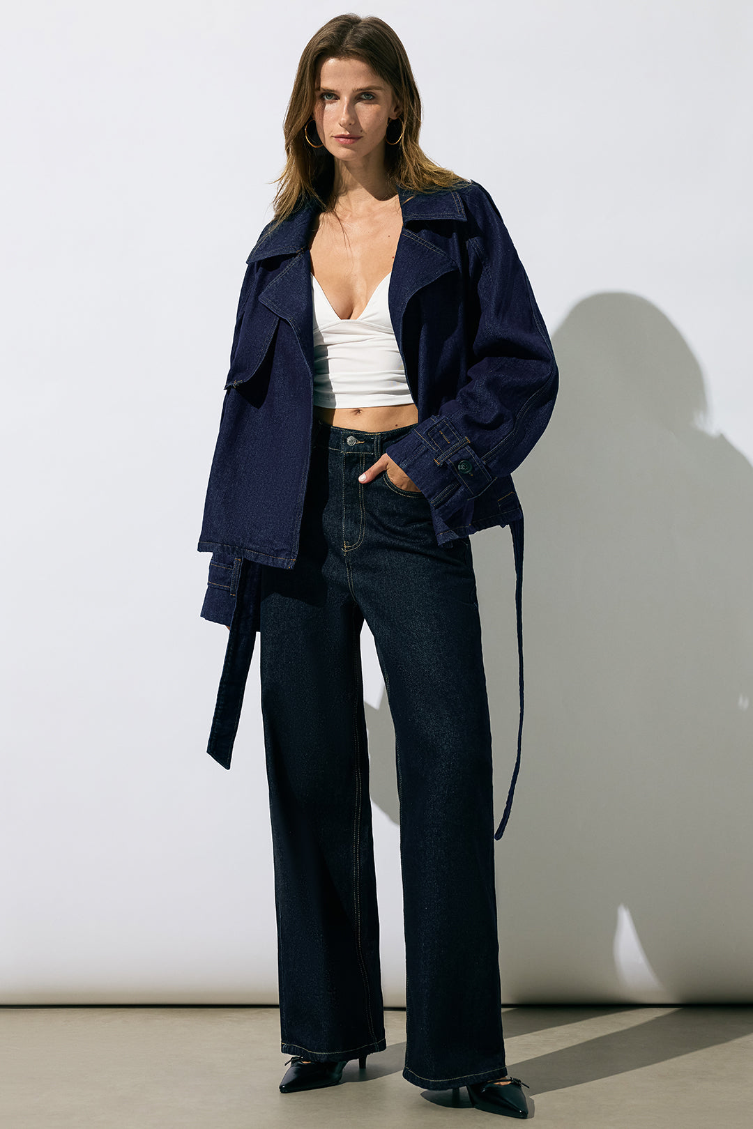 Rachelle blue belted wide-lapel jacket, full-length view