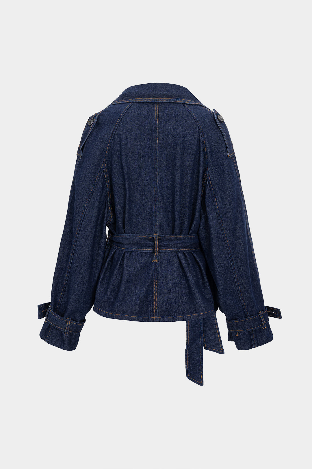Rachelle blue belted wide-lapel jacket laid flat, back