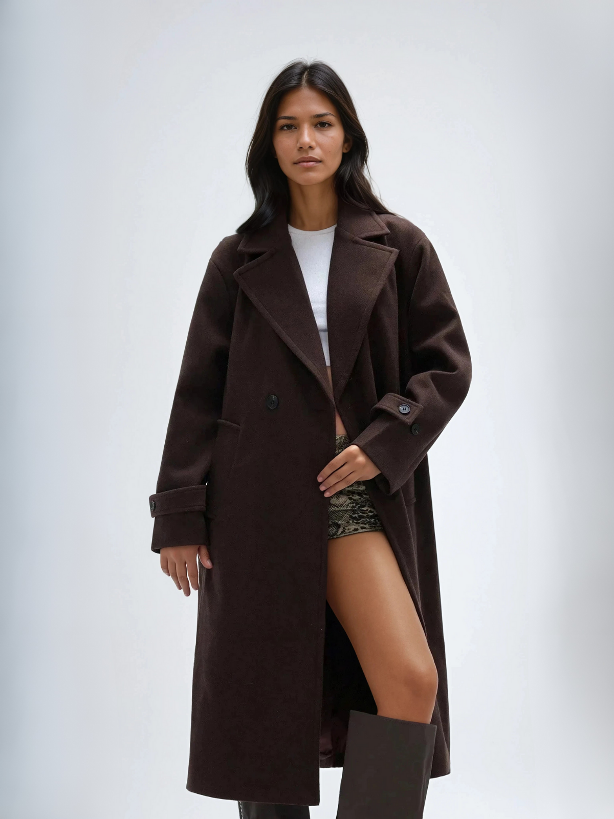 Sabine coffee brown longline coat worn open, front view